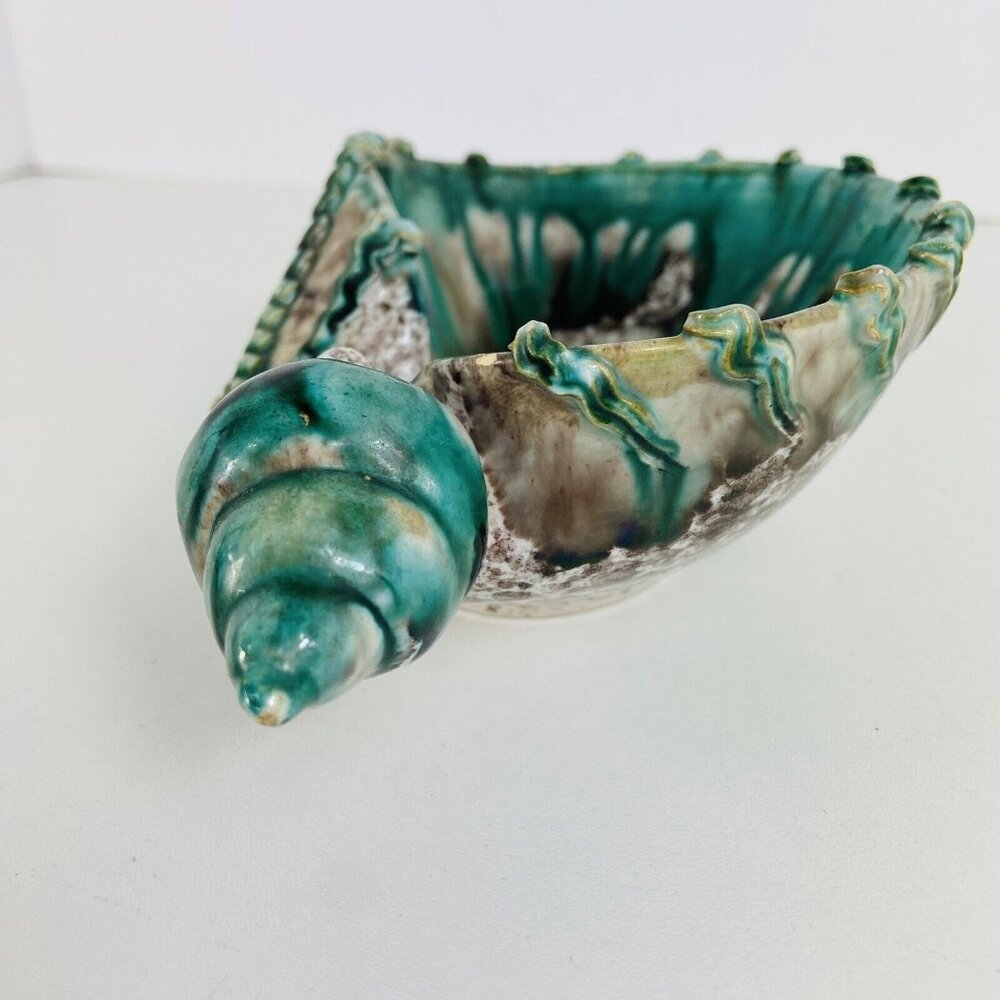 Vtg Italy Trinket Dish Catch All Seashell Jade Green Painted Speckled MCM Signed - Picture 5 of 11